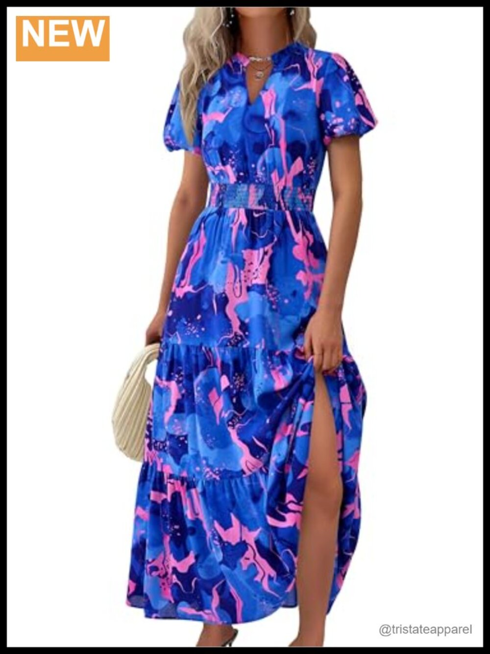 Women's Floral Maxi Dress Short Puff Sleeve Smocked Waist V-Neck Casual
